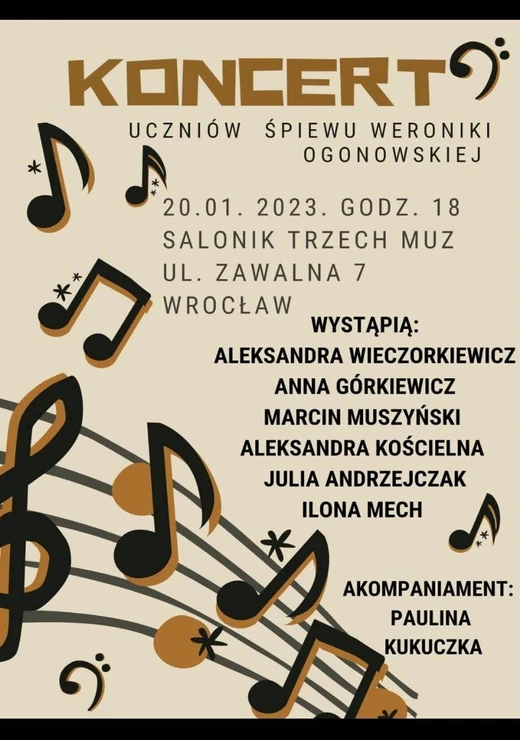 Plakat koncertu ze stycznia 2023 roku. Koncert uczniów studia Vocalverse