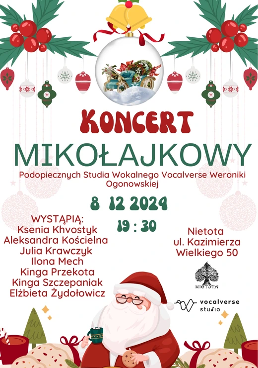 Plakat koncertu z grudnia 2024 roku. Koncert uczniów studia Vocalverse