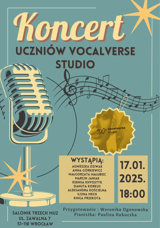 Plakat koncertu ze stycznia 2025 roku. Koncert uczniów studia Vocalverse