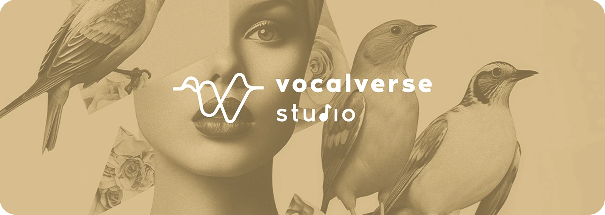 Oficjalny banner Vocalverse Studio. Kobieta z trzema ptakami.