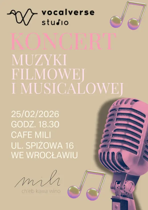 Plakat koncertu muzyki filmowej i musicalowej z luty 2026 roku. Koncert uczniów studia Vocalverse w Cafe Mili we Wrocławiu
