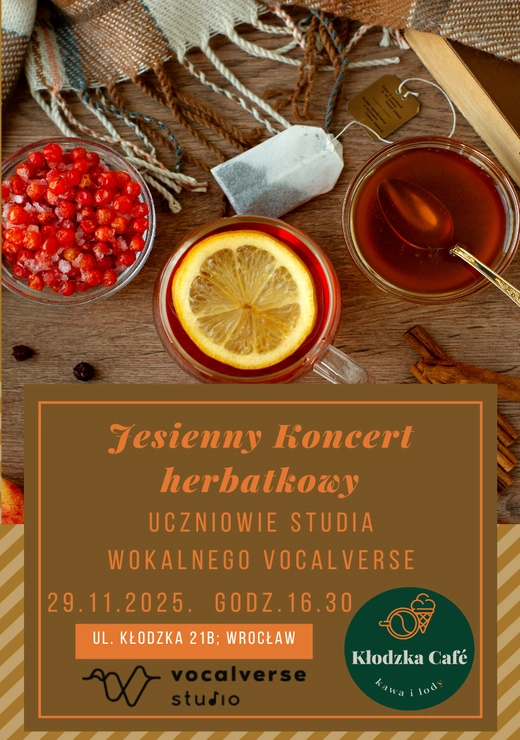 Płakat koncertu o nazwie Jesienny koncert herbatowy uczniów studia wokalnego Vocalverse