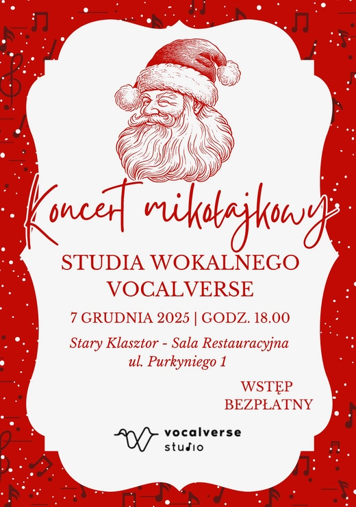 Plakat koncertu mikołajkowego organizowanego przez studio wokalne Vocalverse w Starym Klasztorze we Wrocławiu